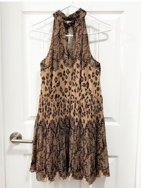 Oasis Black and Beige Lace & Animal-Print Mini Dress - Like New